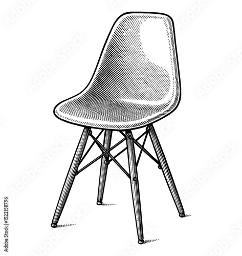 Illustration of a Modern Plastic Chair with Wooden Legs in Black and White