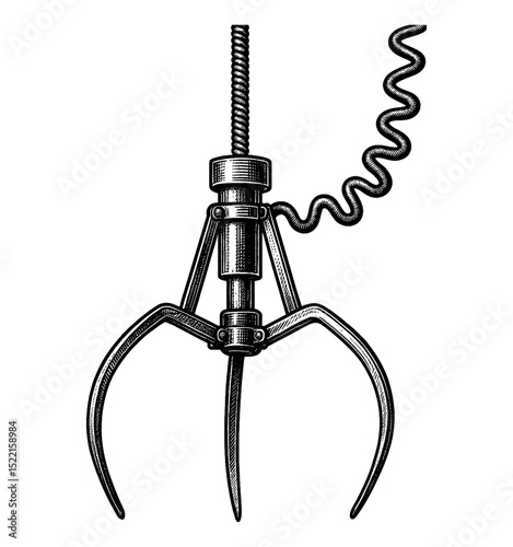 Illustration of Mechanical Claw Arcade Game in Black and White Engraving Style