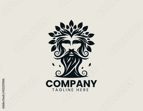 Dignified Human-Faced Natural Tree Flowing Beard Stylized Vector Logo Design