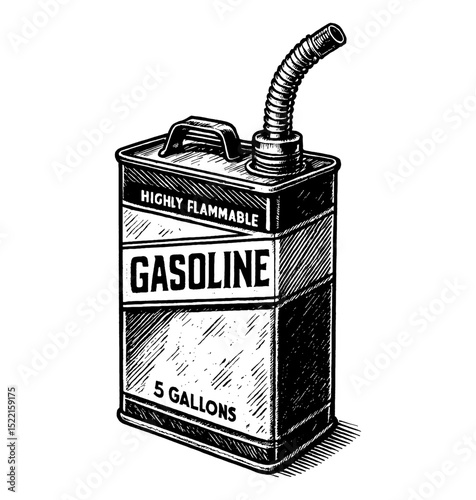Highly Flammable Gasoline in 5 Gallon Tank Illustration Black and White Engraving Style