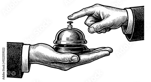 Hand Ringing Service Bell Illustration in Detailed Black and White Line Art Drawing