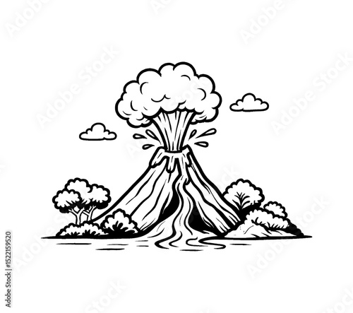 Erupting Volcano with Lava Flow, Trees and Clouds in a Graphic Style Black and White Art
