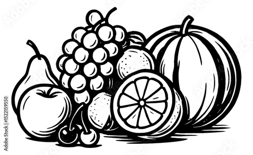 Black and white outline of fruits, including apple, grapes, orange, pear, and watermelon