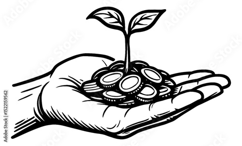 Hand Holding Coins with Growing Sprout Plant in Black and White Vector Illustration Style