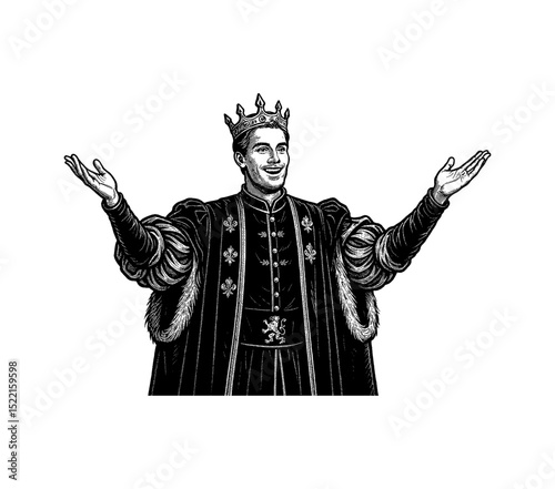 Smiling Man in Royal Robes and Crown with Open Arms, Engraving Style Illustration
