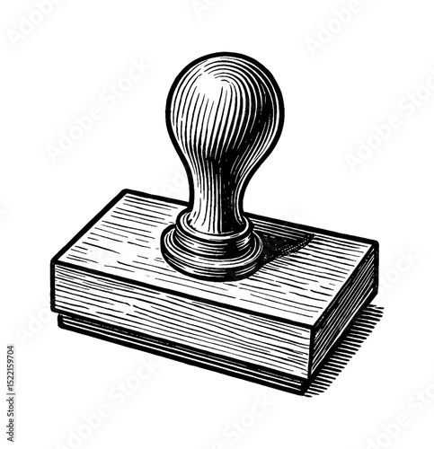 Illustration of a Rubber Stamp with Wooden Handle and Base Engraved Style