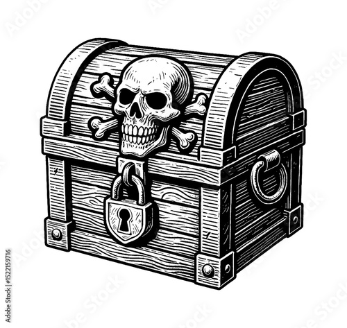 Treasure Chest with Skull and Crossbones in Black and White Engraving Style