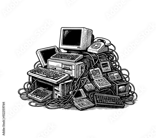 Pile of obsolete computers, monitors, keyboards and telephone in detailed engraving art style