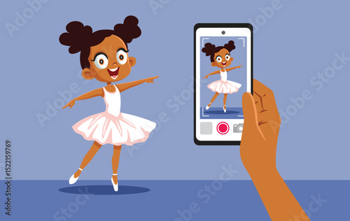 Mommy Films Little Ballerina Girl Dancing Vector Cartoon. Mother holding phone taking picture of her ballerina daughter
