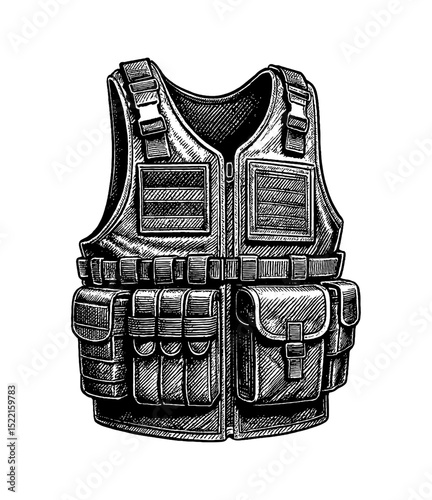 Detailed Vector Illustration of Military Tactical Vest with Pockets and Patches