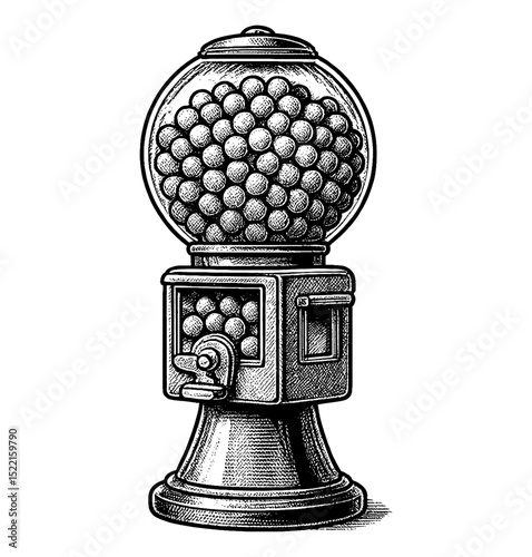 Detailed Engraving of a Classic Gumball Machine Full of Gumballs in Black and White