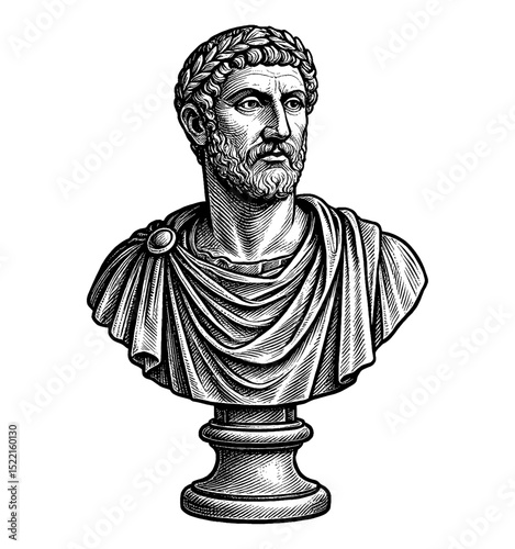 Detailed Engraving Illustration of a Roman Bust Statue with Laurel Wreath and Toga