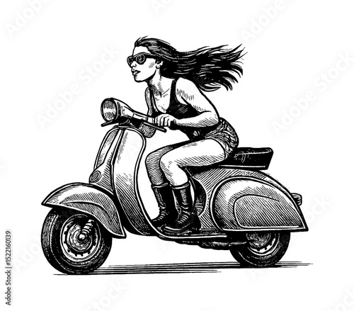 Woman with sunglasses riding a scooter in engraved vintage style drawing