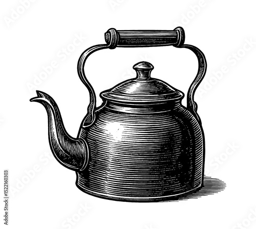 Vintage Engraved Kettle Illustration with Detailed Shading and Handle on White Background