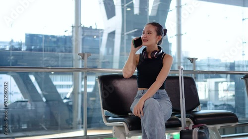 Young asian woman waiting for departure at the airport on vacation holiday. Asia female passenger using mobile smart phone talking for information While Preparing for Her Journey