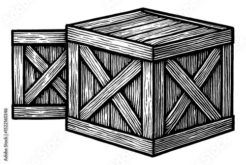 Two Wooden Crates Illustration in Black and White Engraved Style, Wood Grain Detail