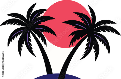 A vector set featuring palm tree silhouettes and a red sun, suitable for adding a tropical touch to your design projects. EPS