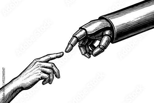 Robot hand reaching out to human hand engraved style vector illustration