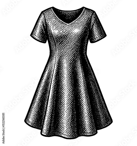 Elegant Short Sleeve Dress Detailed Black and White Engraving Style Vector Illustration