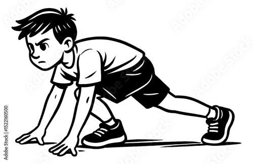 Cartoon Boy in Starting Position Ready for Run, Determined Expression in Black and White Outline