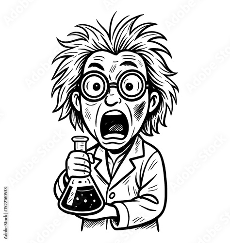 Shocked Scientist Holding Flask with Mouth Open in Detailed Black and White Line Art Drawing