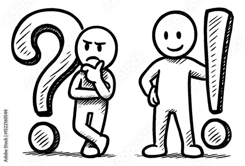 Confused Stick Figure with Question Mark and Happy Stick Figure with Exclamation Point