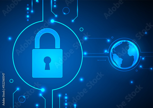 Cyber security digital background. Network technology cloud concept. Design for map world lock protect guard data and security system.