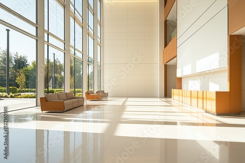 Modern Office Building Lobby Interior with Large Glass Windows, Minimalist Furniture, and Sunlight Casting Long Shadows on Polished Floor.