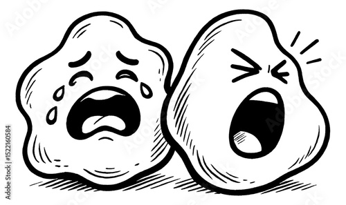 Cartoon Avocados Expressing Sadness and Anger with Bold Black and White Outline Illustration