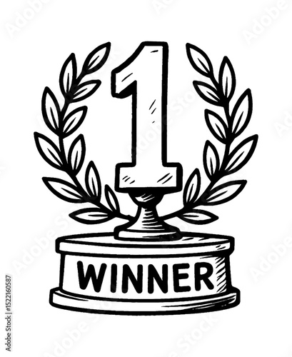 Number one winner trophy with laurel wreath in hand drawn sketch style