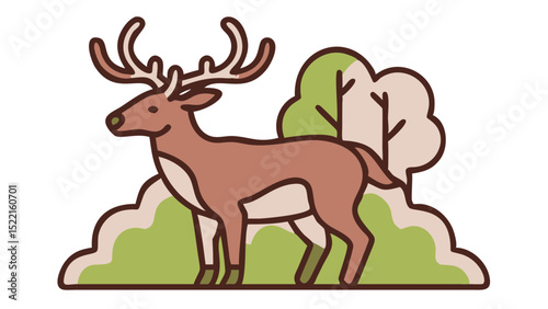 Cute and Expressive Icon Logo of a Regal Stag with Curved Antlers, Defined Hooves, and a Muscular Neck