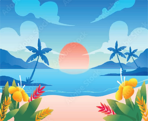 Simple Summer Illustration Background – Free Vector Pack - Gradient Summer Background with Palm Silhouette – Free Use - Free Vector of Summer Pool Party Background with Floaties