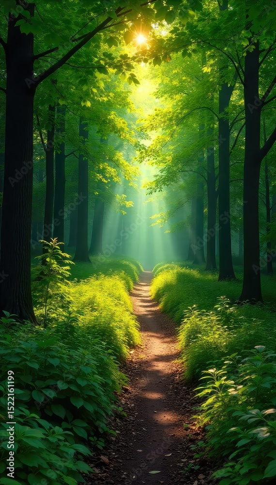 Fototapeta premium Sun-dappled forest path winds through lush green woods, sunlight filtering through leaves, creating a magical atmosphere Perfect for nature, tranquility, and environmental themes , ecology, spring