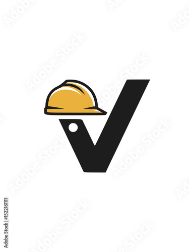 Letter V Construction Logo with Safety Helmet, Modern logo combining the letter V with a yellow hard hat, representing safety, construction work, and industrial identity branding.

