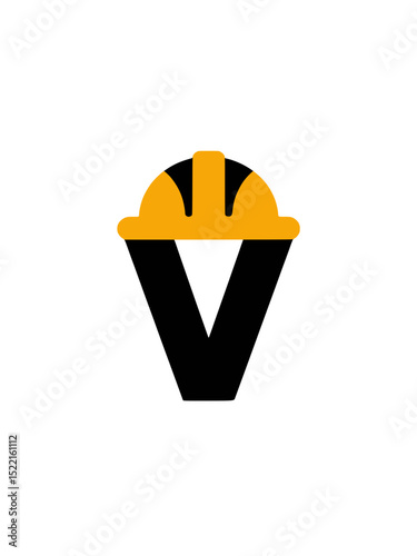 Letter V Construction Logo with Safety Helmet, Modern logo combining the letter V with a yellow hard hat, representing safety, construction work, and industrial identity branding.

