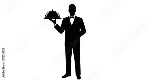 Silhouette of waiter holding a covered dish in formal attire  