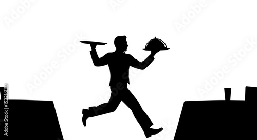 Silhouette of waiter running with tray and covered dish in restaurant  