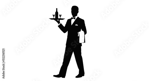 Silhouette of waiter serving drinks on tray in formal attire  