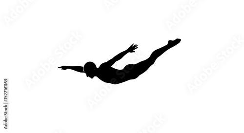 Silhouette of a diver leaping into the air against a white background  