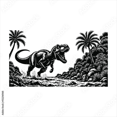 Fierce tyrannosaurus rex roaring in a prehistoric landscape of palm trees and foliage