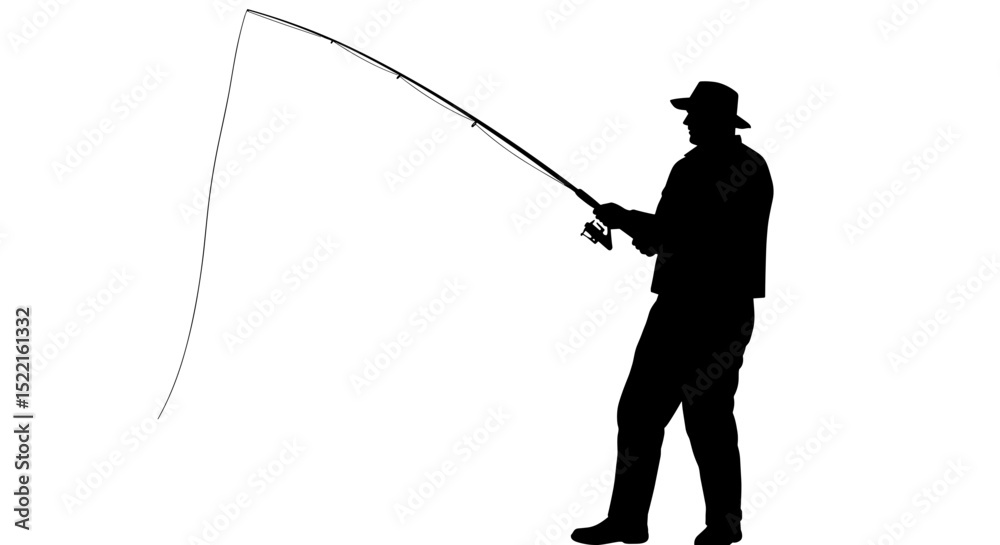 Obraz premium Fisherman casting line while standing near the water in silhouette 