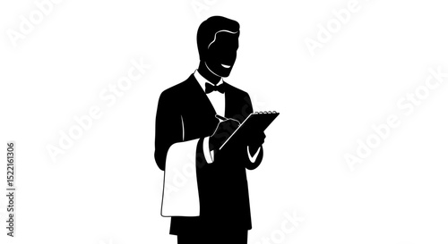 Waiter taking order with notepad while wearing a tuxedo