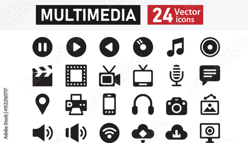 Set of 24 Solid Multimedia and Technology Icons – Includes Audio, Video, Streaming, Mobile, Cloud, Camera, and Internet Symbols – Vector Illustration