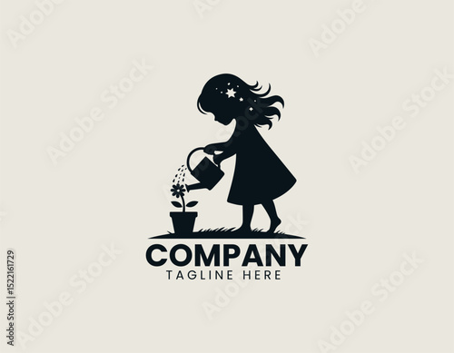 Gentle Little Boy Watering Flower Plant in Pot Vector Logo Design