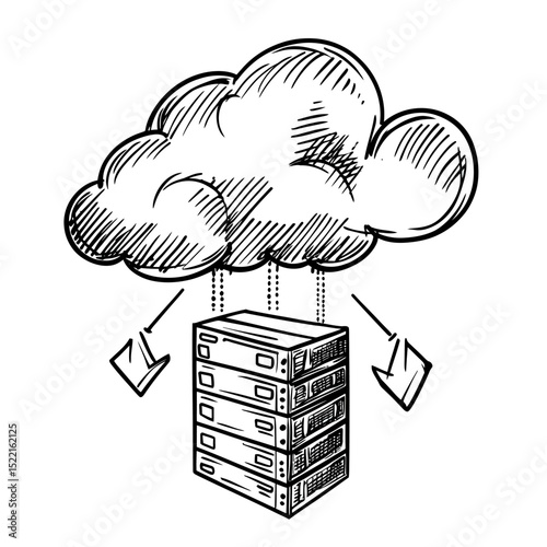 Hand drawn sketch cloud computing data server with arrows download upload internet digital storage technology concept vector illustration black and white