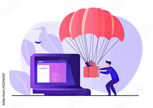 Businessman receiving flying delivery package with parachute from laptop computer illustrating online shopping and e-commerce logistics concept in flat vector style