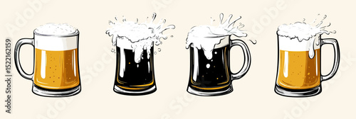 Four beer mugs filled with light and dark beer with foam splashes flat vector illustration of clinking glass tankards with frothy tops on neutral background