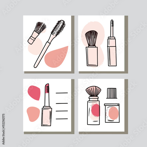 Minimalist doodle style vector illustration of makeup brushes, mascara, nail polish, and cosmetic bottles with soft pink accents on white cards for beauty and cosmetic design template
