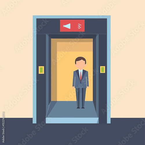 Flat minimalist vector illustration of a businessman standing inside an open elevator with close door indicator and control panel in office building interior design background