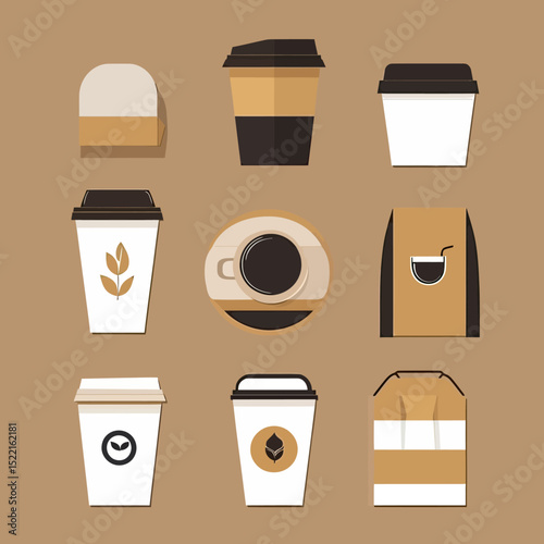 Minimalist coffee shop branding set with disposable cups, coffee bag, to-go containers, and coffee cup top view in flat vector style on brown background